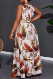 White Leaf Print Sleeveless O Neck Ruffle Hem With Belt Casual Vaction Plus Size Maxi Dress