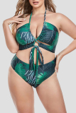 Green Leaf Print Backless Vacation Halter Bikini Set Lace Up Mini Shorts And Slit Maxi Skirt Beach Three Piece Swimsuit Set (With Paddings)
