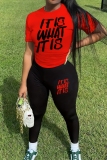 Red Letter Print O Neck Short Sleeve Slim Fitted T-shirt And Skinny Pants Sportwear Casual Two Pieces Sweatpants Sets