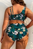 Green Floral Print Backless Sleeveless Spaghetti Strap V Neck Bikini Sets Beach Vacation Plus Size Swimwear (With Paddings)