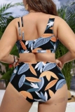 Green Floral Print Backless Sleeveless Spaghetti Strap V Neck Bikini Sets Beach Vacation Plus Size Swimwear (With Paddings)