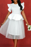 White O Neck Ruffle Sleeve Mesh Puffy Formal Evening Party Prom Wedding Midi Dresses