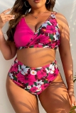 Green Floral Print Backless Sleeveless Spaghetti Strap V Neck Bikini Sets Beach Vacation Plus Size Swimwear (With Paddings)