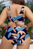 Green Floral Print Backless Sleeveless Spaghetti Strap V Neck Bikini Sets Beach Vacation Plus Size Swimwear (With Paddings)