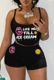 Black Letter Print Sleeveless Spaghetti Strap Cami Crop Tops And Shorts Two Pieces Shorts Sets
