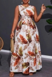 White Leaf Print Sleeveless O Neck Ruffle Hem With Belt Casual Vaction Plus Size Maxi Dress