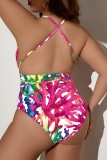Rose Red Sleeveless Floral Print Backless Spaghetti Strap  Cross Straps One Pieces Swimsuits Plus Size Vacation Swimwear (With Paddings)