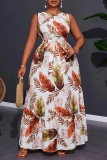 White Leaf Print Sleeveless O Neck Ruffle Hem With Belt Casual Vaction Plus Size Maxi Dress