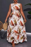 White Leaf Print Sleeveless O Neck Ruffle Hem With Belt Casual Vaction Plus Size Maxi Dress