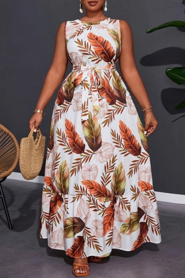 White Leaf Print Sleeveless O Neck Ruffle Hem With Belt Casual Vaction Plus Size Maxi Dress