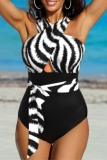 Rose Red Floral Print Backless Sleeveless Belt One Pieces Swimsuits Plus Size Vacation Swimwear (With Paddings)