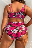 Green Floral Print Backless Sleeveless Spaghetti Strap V Neck Bikini Sets Beach Vacation Plus Size Swimwear (With Paddings)