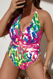 Rose Red Sleeveless Floral Print Backless Spaghetti Strap  Cross Straps One Pieces Swimsuits Plus Size Vacation Swimwear (With Paddings)
