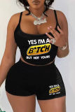 Orange Letter Print Sleeveless Spaghetti Strap Cami Crop Tops And Shorts Two Pieces Shorts Sets