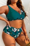Green Floral Print Backless Sleeveless Spaghetti Strap V Neck Bikini Sets Beach Vacation Plus Size Swimwear (With Paddings)