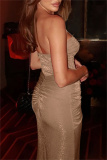 Apricot Backless Strapless Sleeveless Formal Evening Party Prom Ruched Tube Maxi Dresses