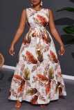 White Leaf Print Sleeveless O Neck Ruffle Hem With Belt Casual Vaction Plus Size Maxi Dress