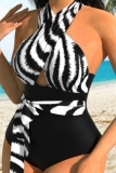 Rose Red Floral Print Backless Sleeveless Belt One Pieces Swimsuits Plus Size Vacation Swimwear (With Paddings)