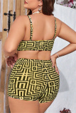 Khaki Ombre Print Long Sleeve Tops Backless Halter Bikini Set Lace Up Mini Shorts Beach Vacation Three Piece Swimsuit Set (With Paddings)