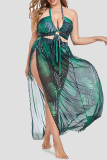 Green Leaf Print Backless Vacation Halter Bikini Set Lace Up Mini Shorts And Slit Maxi Skirt Beach Three Piece Swimsuit Set (With Paddings)