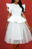 White O Neck Ruffle Sleeve Mesh Puffy Formal Evening Party Prom Wedding Midi Dresses