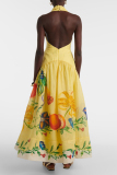 Yellow Floral Print Sleeveless Backless Vacation Halter Maxi Dresses