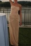 Apricot Backless Strapless Sleeveless Formal Evening Party Prom Ruched Tube Maxi Dresses