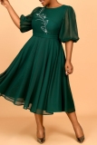 Dark Green Hot Drilling O Neck Puff Sleeve A Line Formal Evening Party Prom Wedding Guest Plus Size Mesh Pleated Midi Dresses