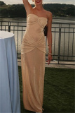 Apricot Backless Strapless Sleeveless Formal Evening Party Prom Ruched Tube Maxi Dresses