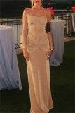 Apricot Backless Strapless Sleeveless Formal Evening Party Prom Ruched Tube Maxi Dresses