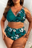 Green Floral Print Backless Sleeveless Spaghetti Strap V Neck Bikini Sets Beach Vacation Plus Size Swimwear (With Paddings)