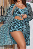 Khaki Ombre Print Long Sleeve Tops Backless Halter Bikini Set Lace Up Mini Shorts Beach Vacation Three Piece Swimsuit Set (With Paddings)