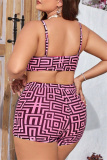 Khaki Ombre Print Long Sleeve Tops Backless Halter Bikini Set Lace Up Mini Shorts Beach Vacation Three Piece Swimsuit Set (With Paddings)