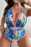Rose Red Sleeveless Floral Print Backless Spaghetti Strap  Cross Straps One Pieces Swimsuits Plus Size Vacation Swimwear (With Paddings)