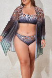 Multicolor Ombre Print Long Sleeve Tops Backless Halter Bikini Set Lace Up Mini Skirt Beach Vacation Three Piece Swimsuit Set (With Paddings)