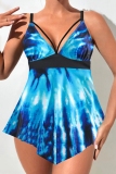 Blue Graphcis Print Sleeveless Backless One Piece Swimdress Beach Vacation Swimwears(With Paddings)