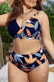 Green Floral Print Backless Sleeveless Spaghetti Strap V Neck Bikini Sets Beach Vacation Plus Size Swimwear (With Paddings)