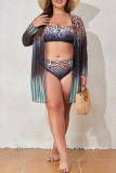 Multicolor Ombre Print Long Sleeve Tops Backless Halter Bikini Set Lace Up Mini Skirt Beach Vacation Three Piece Swimsuit Set (With Paddings)