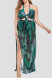 Green Leaf Print Backless Vacation Halter Bikini Set Lace Up Mini Shorts And Slit Maxi Skirt Beach Three Piece Swimsuit Set (With Paddings)