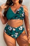 Green Floral Print Backless Sleeveless Spaghetti Strap V Neck Bikini Sets Beach Vacation Plus Size Swimwear (With Paddings)