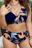 Green Floral Print Backless Sleeveless Spaghetti Strap V Neck Bikini Sets Beach Vacation Plus Size Swimwear (With Paddings)