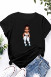 Black Figure Print O Neck Short Sleeve Casual Outing Plus Size Oversize Graphcis T-Shirts
