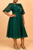 Dark Green Hot Drilling O Neck Puff Sleeve A Line Formal Evening Party Prom Wedding Guest Plus Size Mesh Pleated Midi Dresses