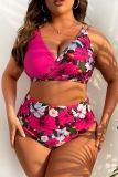 Green Floral Print Backless Sleeveless Spaghetti Strap V Neck Bikini Sets Beach Vacation Plus Size Swimwear (With Paddings)
