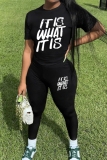 Red Letter Print O Neck Short Sleeve Slim Fitted T-shirt And Skinny Pants Sportwear Casual Two Pieces Sweatpants Sets