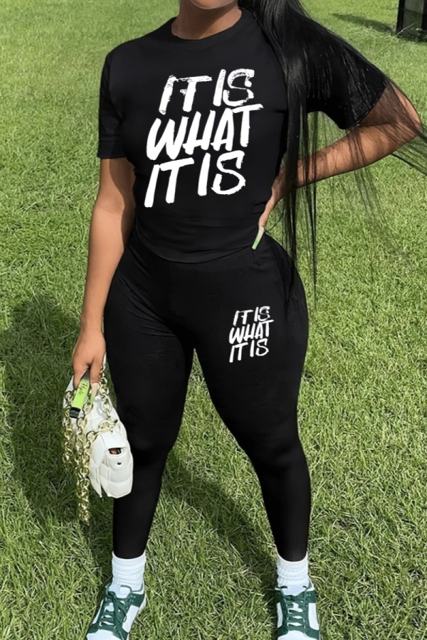 Red Letter Print O Neck Short Sleeve Slim Fitted T-shirt And Skinny Pants Sportwear Casual Two Pieces Sweatpants Sets