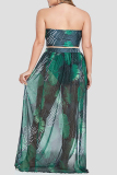 Green Leaf Print Backless Vacation Halter Bikini Set Lace Up Mini Shorts And Slit Maxi Skirt Beach Three Piece Swimsuit Set (With Paddings)