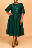 Dark Green Hot Drilling O Neck Puff Sleeve A Line Formal Evening Party Prom Wedding Guest Plus Size Mesh Pleated Midi Dresses