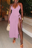 Pink Backless Spaghetti Strap Sleeveless One Pieces Bodysuit And Lace Up Maxi Skirt Vacation Two Pieces Sets