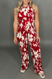 Red Floral Print Basic O Neck Sleeveless Tank Tops And Wide Leg Pants Vacation Casual Two Pieces Trouser Sets